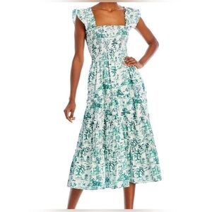 Aqua Calypso Smocked Green and White Midi Dress